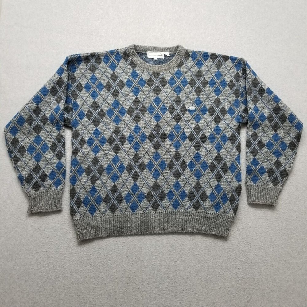 Crocodile Sweater Mens XL Blue‎ Gray Long Sleeve Pullover Crew Neck Wool Acrylic